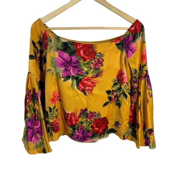 Alice + Olivia Shera Off Shoulder Yellow Floral Bell Sleeve Top Sz XS - Picture 3 of 9